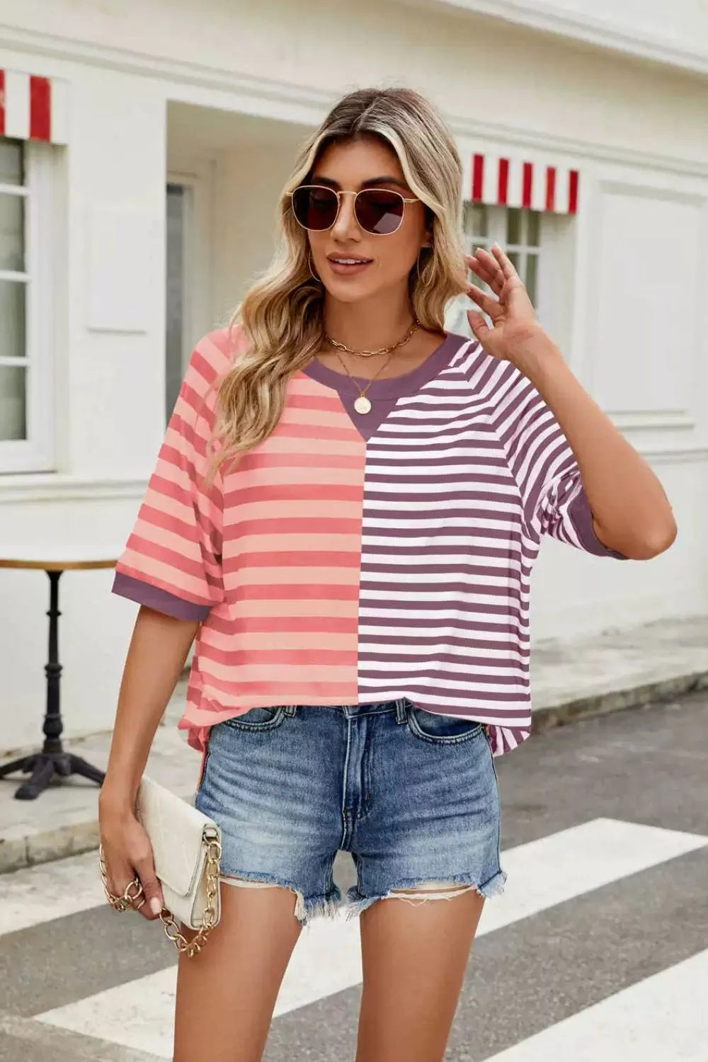 Striped round neck half sleeve T-shirt from Plush Fashion Hub, casual tops in white and navy with bold stripe pattern.