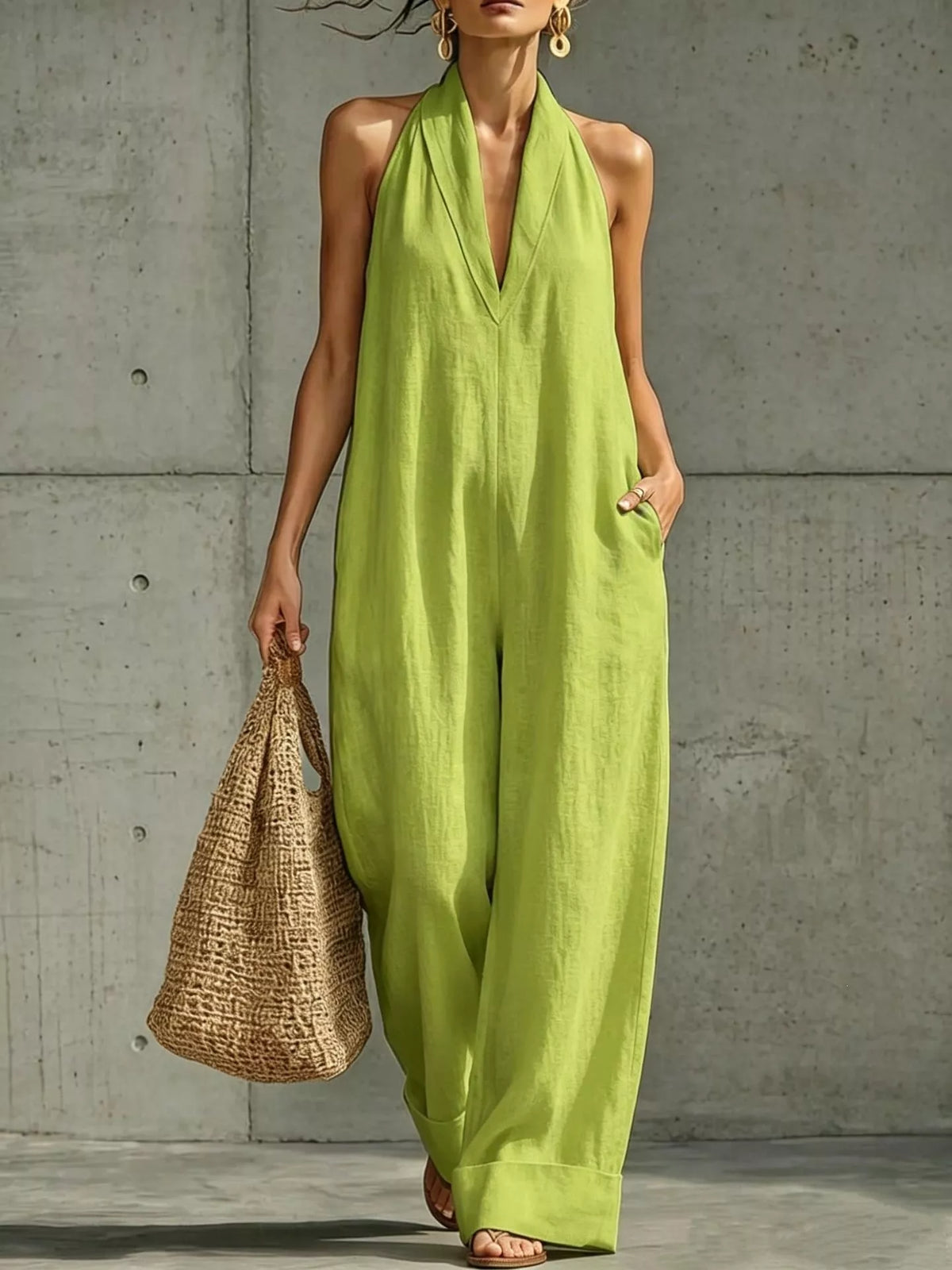 Plus size halter neck wide-leg jumpsuit by Plush Fashion Hub, stylish full-length one-piece outfit with a flattering fit.