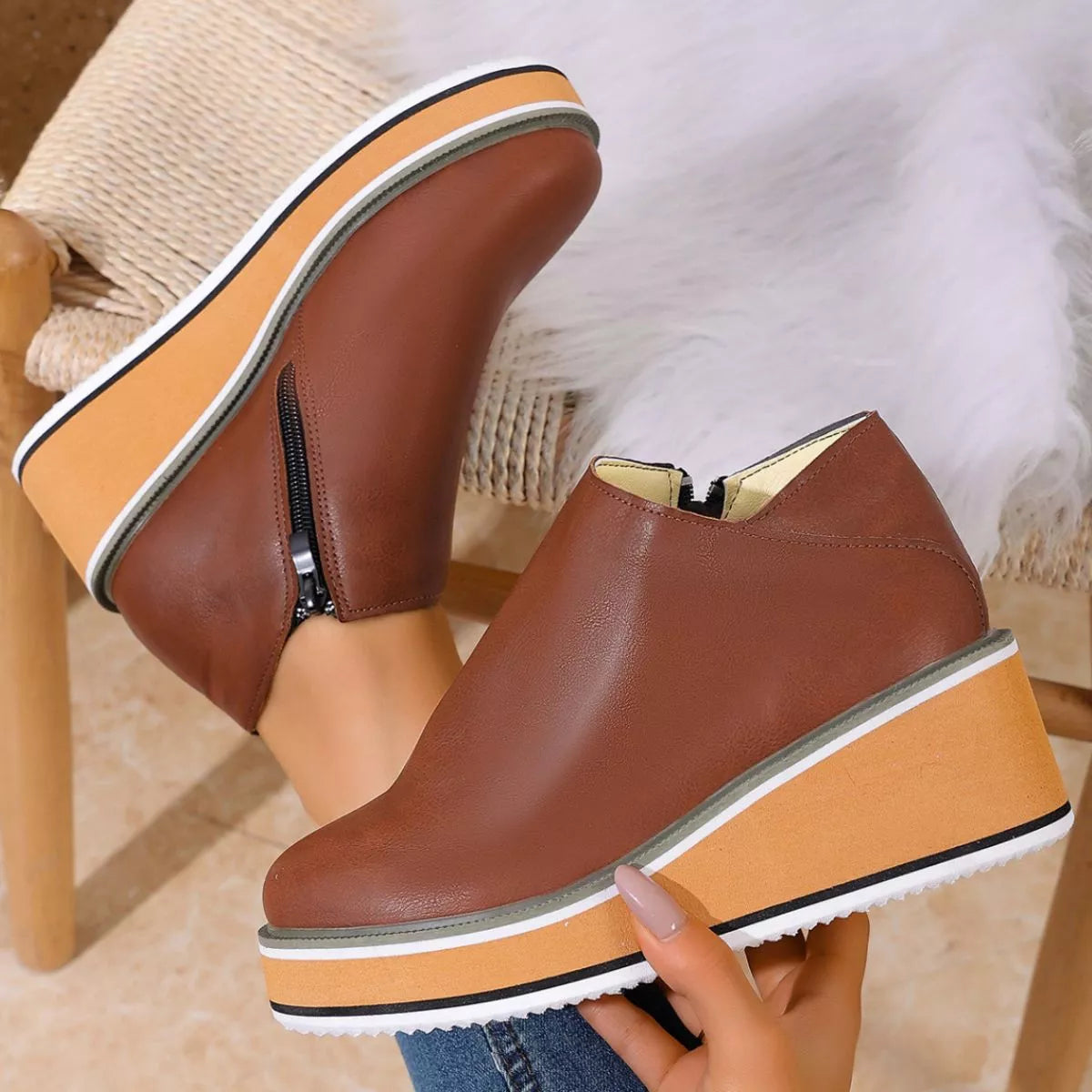 Women's round toe wedge ankle boots by Trendsi, featuring a stylish design with a comfortable wedge heel and ankle height.