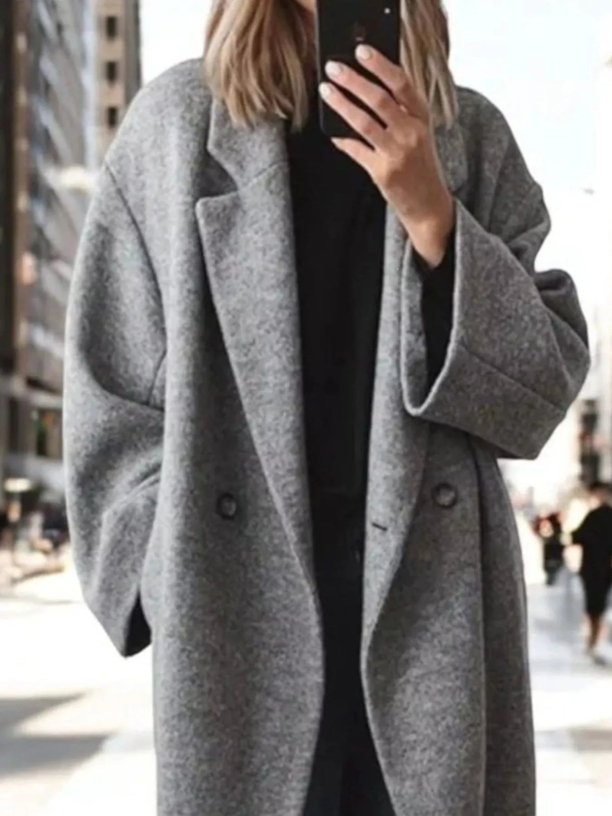 Plus size longline wool blend coat with lapel collar, casualwear by Trendsi, shown in full size on a model.