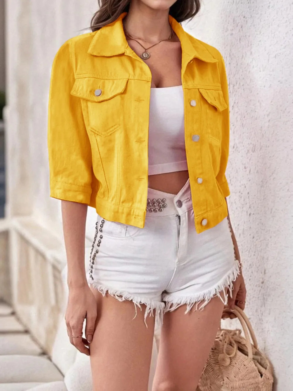Plus size cropped denim jacket by Trendsi, full-length style with classic blue denim and button closure, perfect for casual outfits.