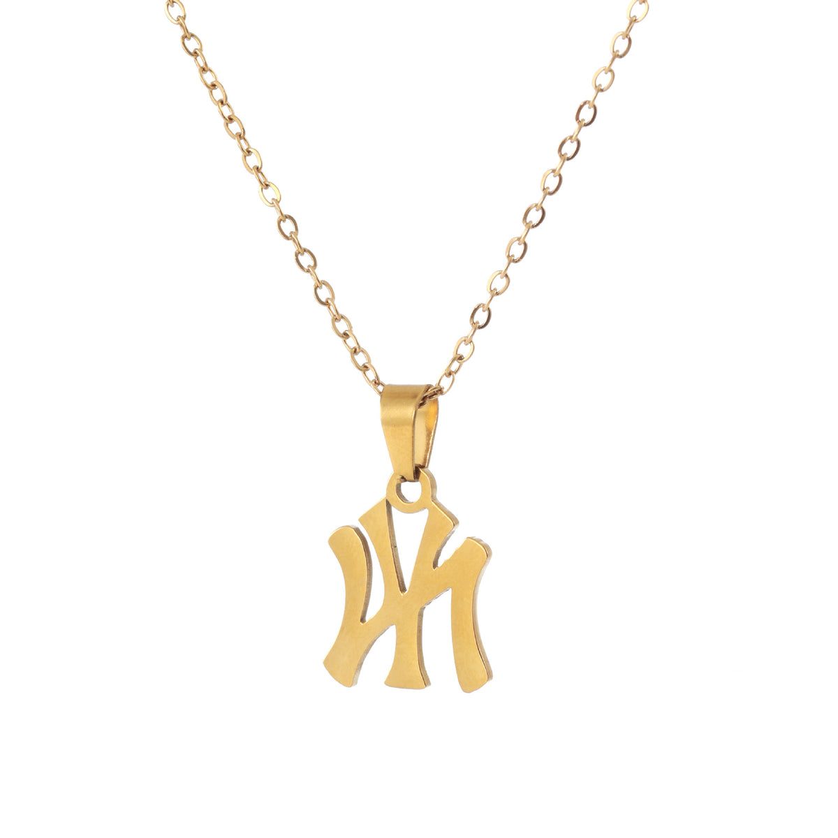 Gold metal chain necklace with interlocking NY logo pendant against a white background.