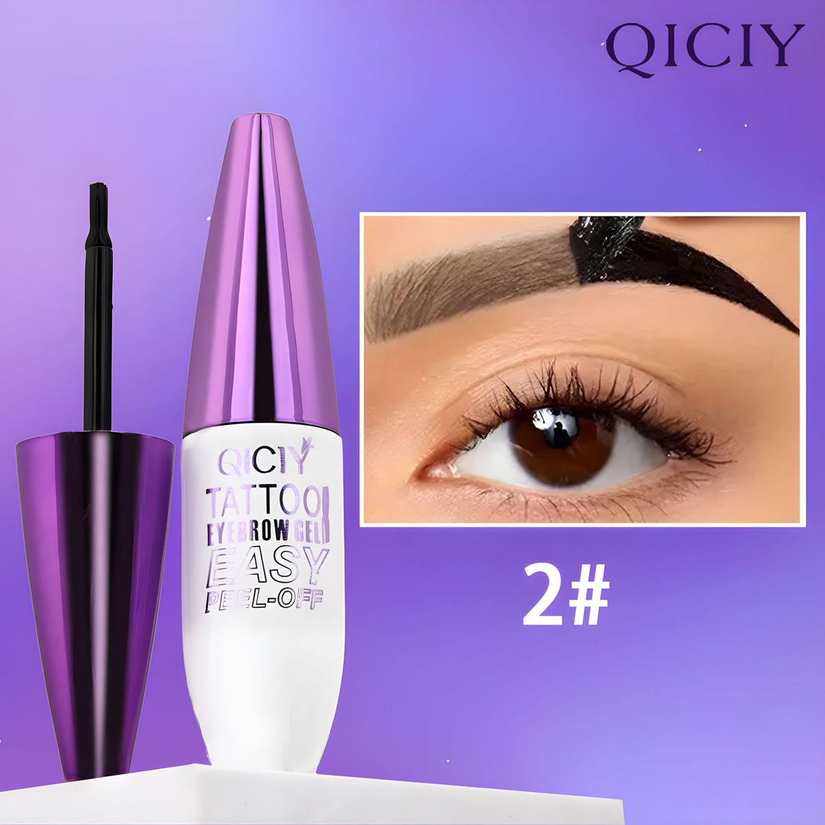 Purple and white Qiciy tattoo eyebrow gel bottle next to its applicator brush, with inset of eyebrow application.
