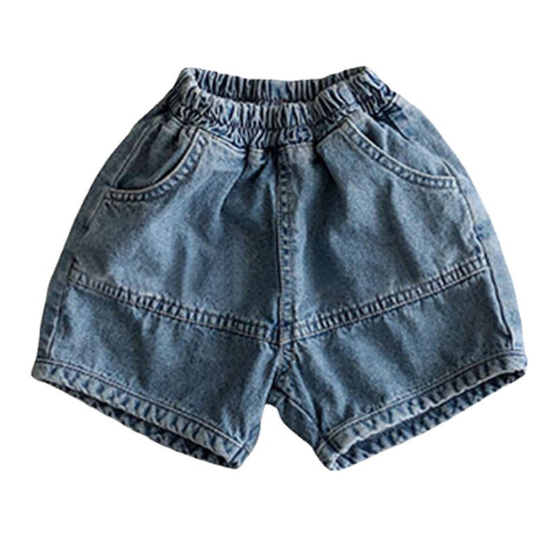 Light blue denim shorts, elastic waist, front pockets, and stitched leg panels.