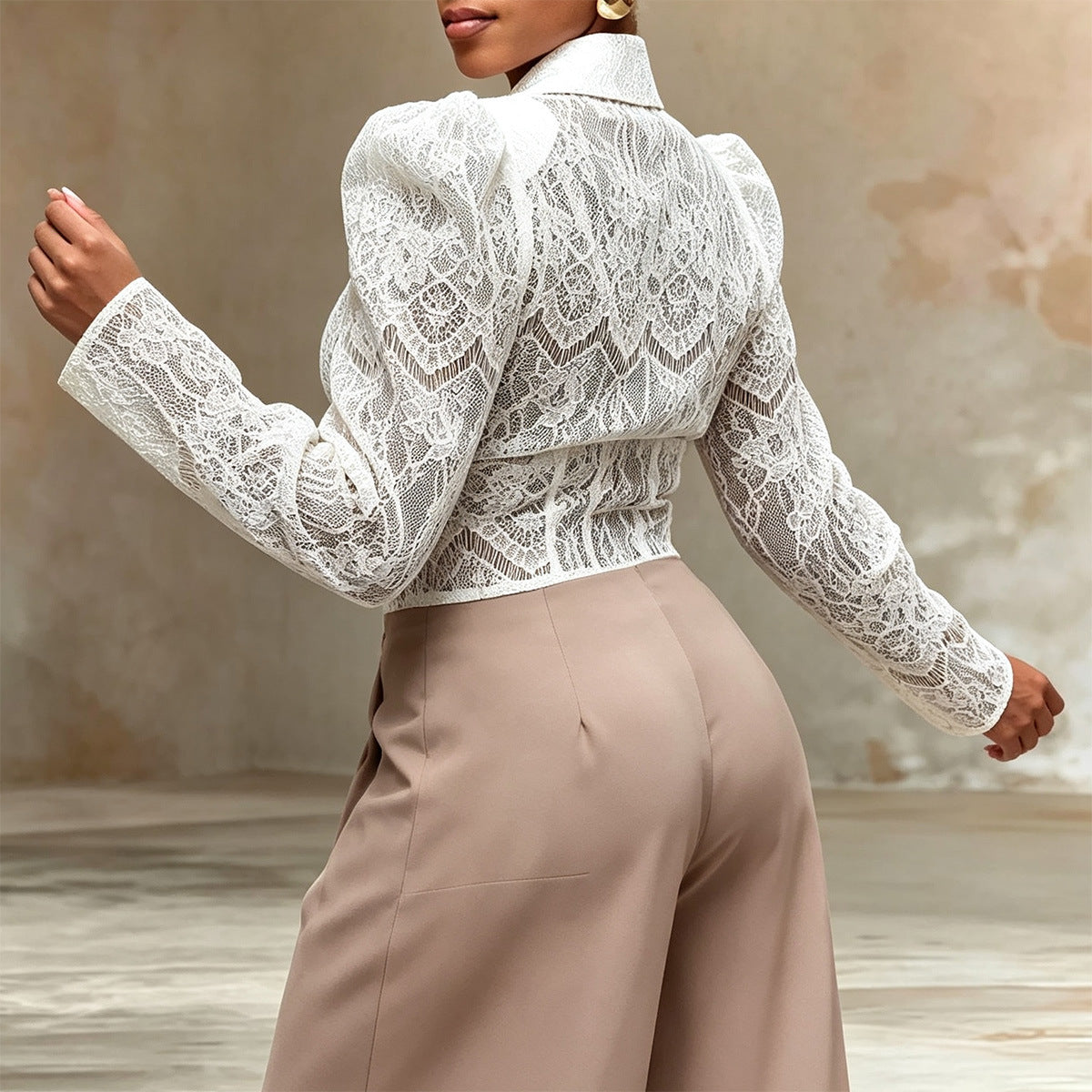 White lace waist cinched bubble sleeve blouse from Plush Fashion Hub, featuring ruffled cuffs and a fitted waist.