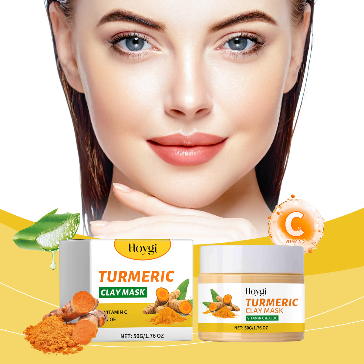 Hoygi turmeric clay mask jar and box with turmeric roots, powder, aloe, and a woman's face.