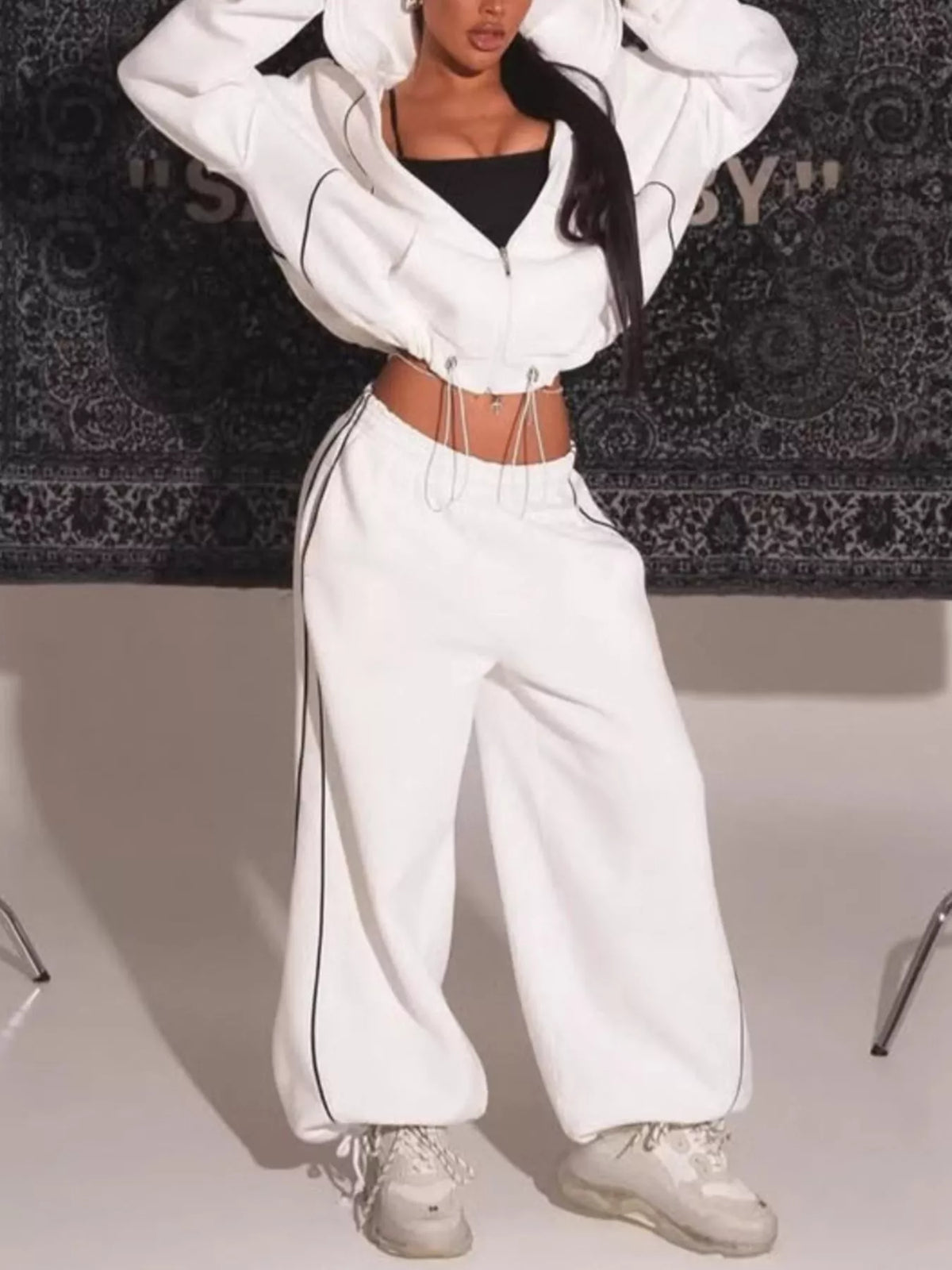 Trendsi cropped zip-up hoodie and wide-leg sweatpants lounge set, soft fabric, casual style, in neutral color.