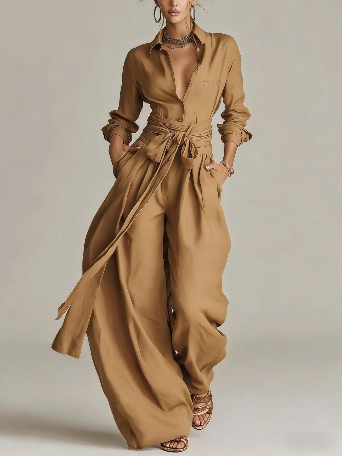Solid color collar top and high-waisted pants two-piece outfit set by Plush Fashion Hub, featuring a stylish, coordinated look.