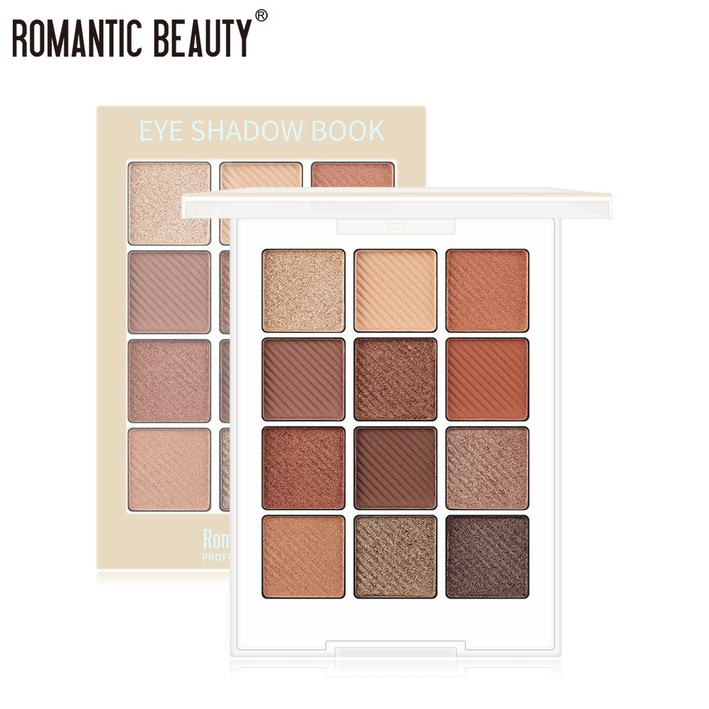 Romantic Beauty eyeshadow palette with 12 square pans in brown shades with matte and shimmer finishes.