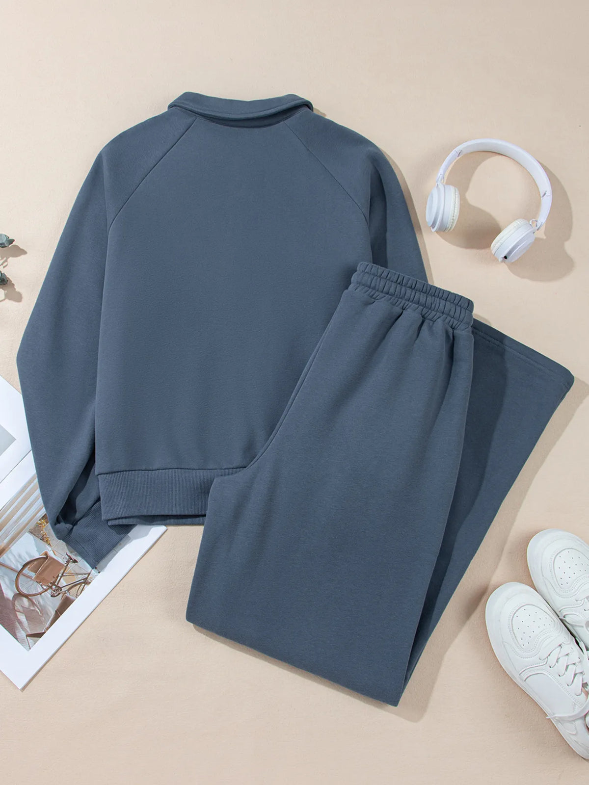 Plush Fashion Hub activewear set with collared sweatshirt and high waist pants, stylish and comfortable workout clothing.