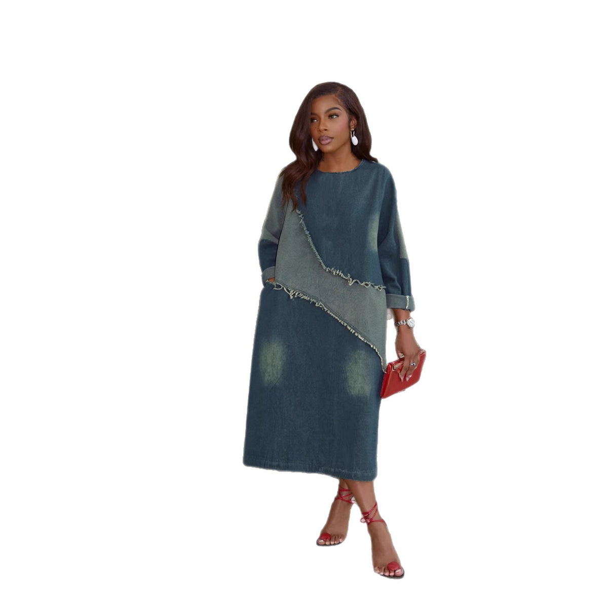 Raw hem loose fit mid-length denim dress by eprolo, showing the casual style and distressed raw hem detail.