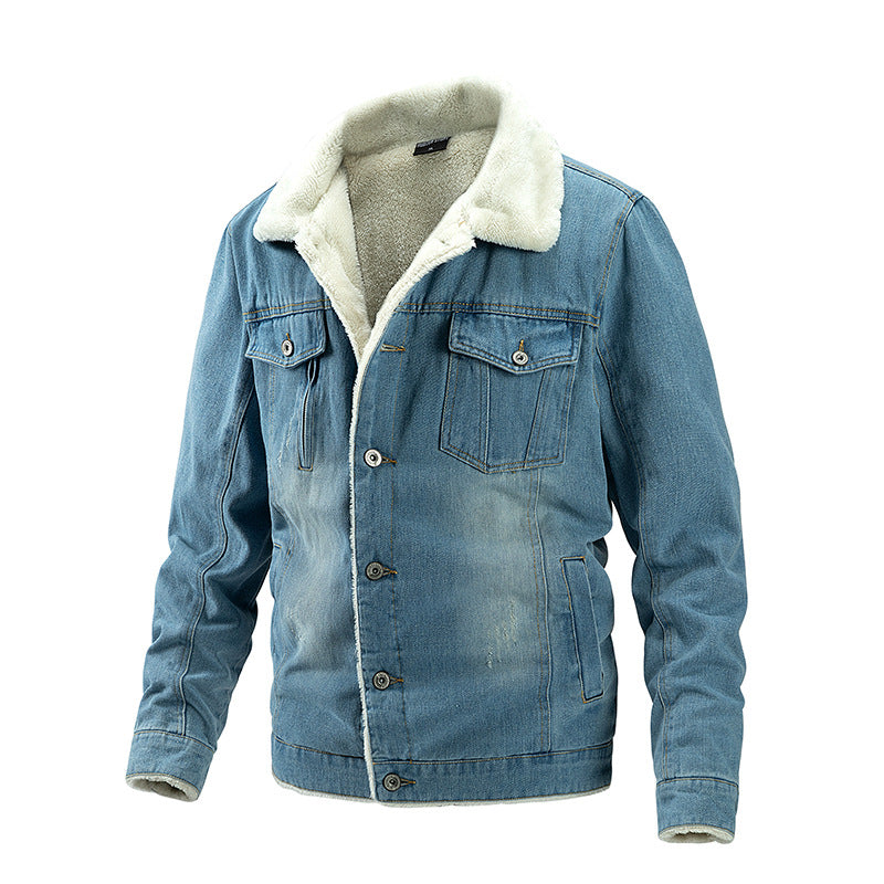 A light blue denim jacket with white sherpa lining, button closure, and chest pockets.