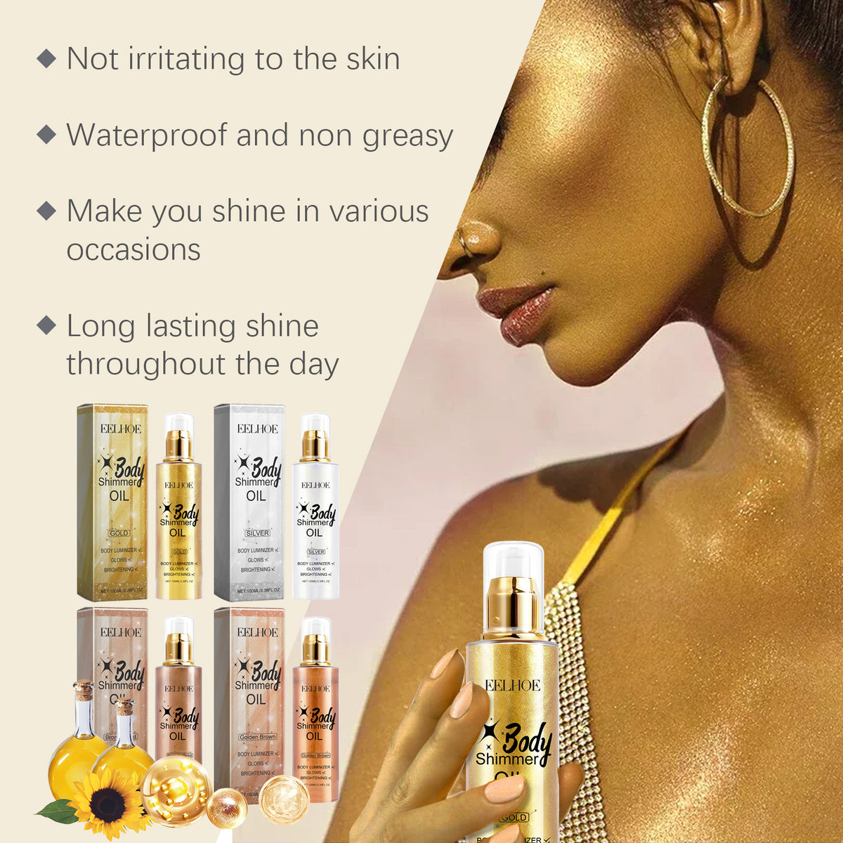 Eelhoe body shimmer oil bottles in gold, silver, and brown, with text highlights and a shimmering model.