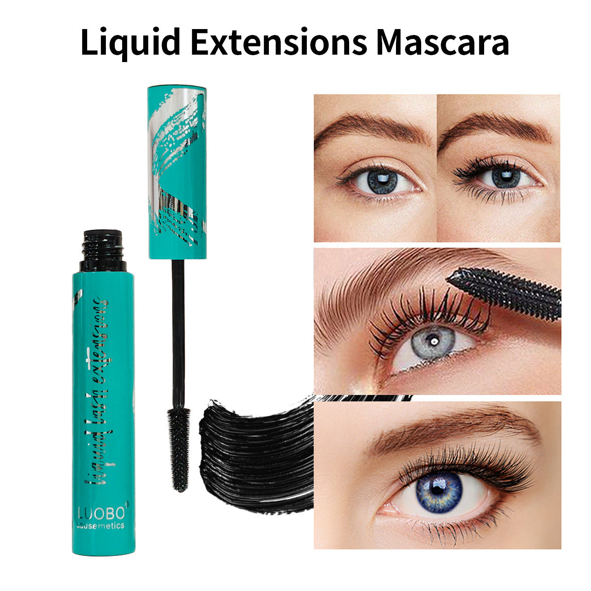 Turquoise plastic Liquid Extensions mascara tube with silver cap, spiral brush, and black mascara swipe.