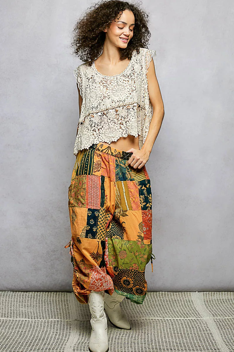 Cotton printed patchwork wide-leg pants with side drawstring, stylish and comfortable, by Plush Fashion Hub, shown in the image.