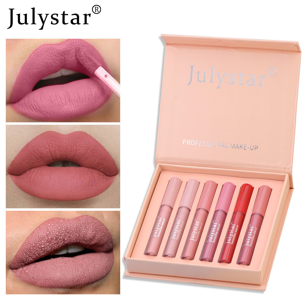 Julystar liquid lipstick gift set featuring six pink, nude, and red matte tubes in a matching pink cardboard box.