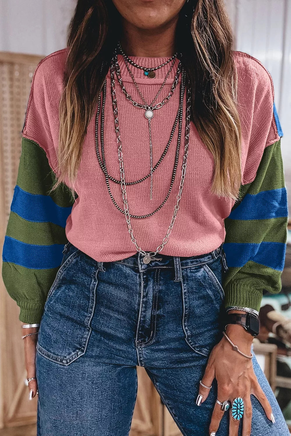Multicolour Western colorblock patchwork striped long sleeve sweater, trendy shirt by Trendsi featuring vibrant patterns and cozy fabric.