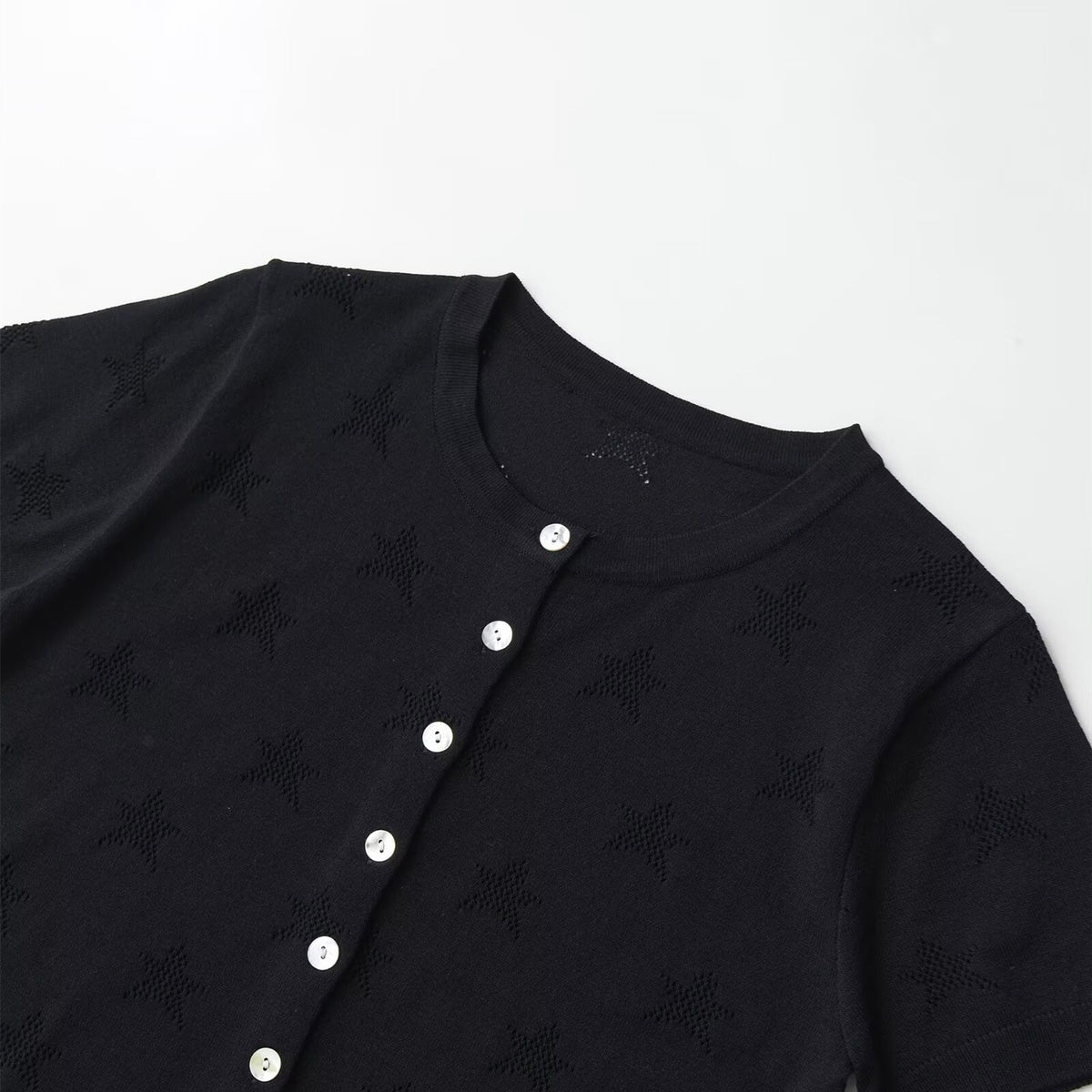 Eprolo round neck star hollow short-sleeved knitted jacket with star cutout design, lightweight and stylish for casual wear.