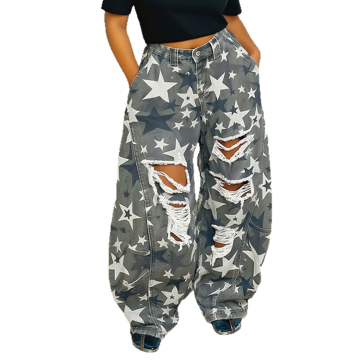 Distressed camo star print boyfriend jeans from Plush Fashion Hub, showing ripped details and camouflage pattern on relaxed-fit denim.