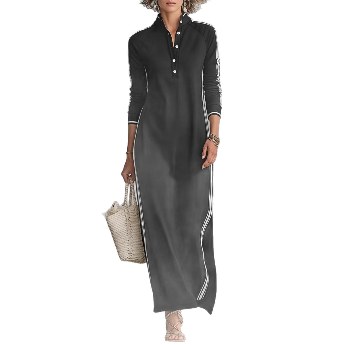 White women's long hoodie dress with rolled edges, button neck, simple design, from eprolo, styled with a relaxed fit.