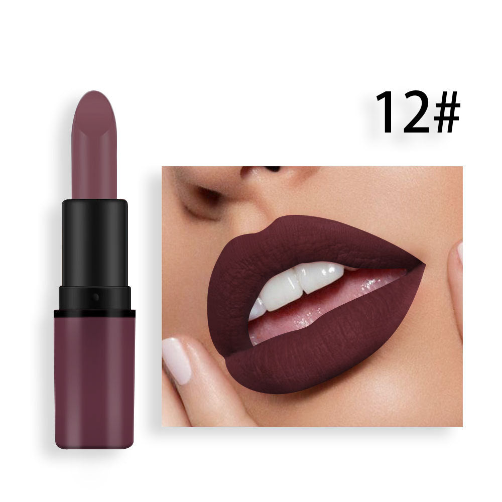 Mauve matte lipstick in a black and mauve plastic tube, with a swatch on lips labeled 12#.