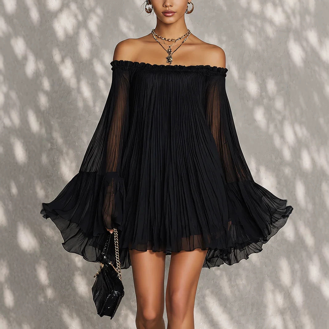 Elegant black off-shoulder backless mini dress with pleated lantern sleeves, perfect for stylish occasions.