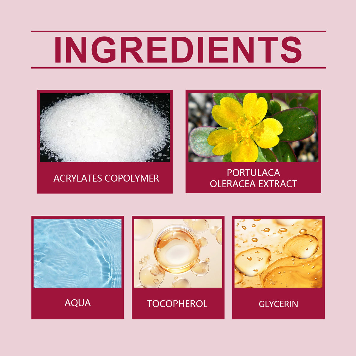 Pink and red infographic lists ingredients with photos: white powder, yellow flower, water, drops, and oil.