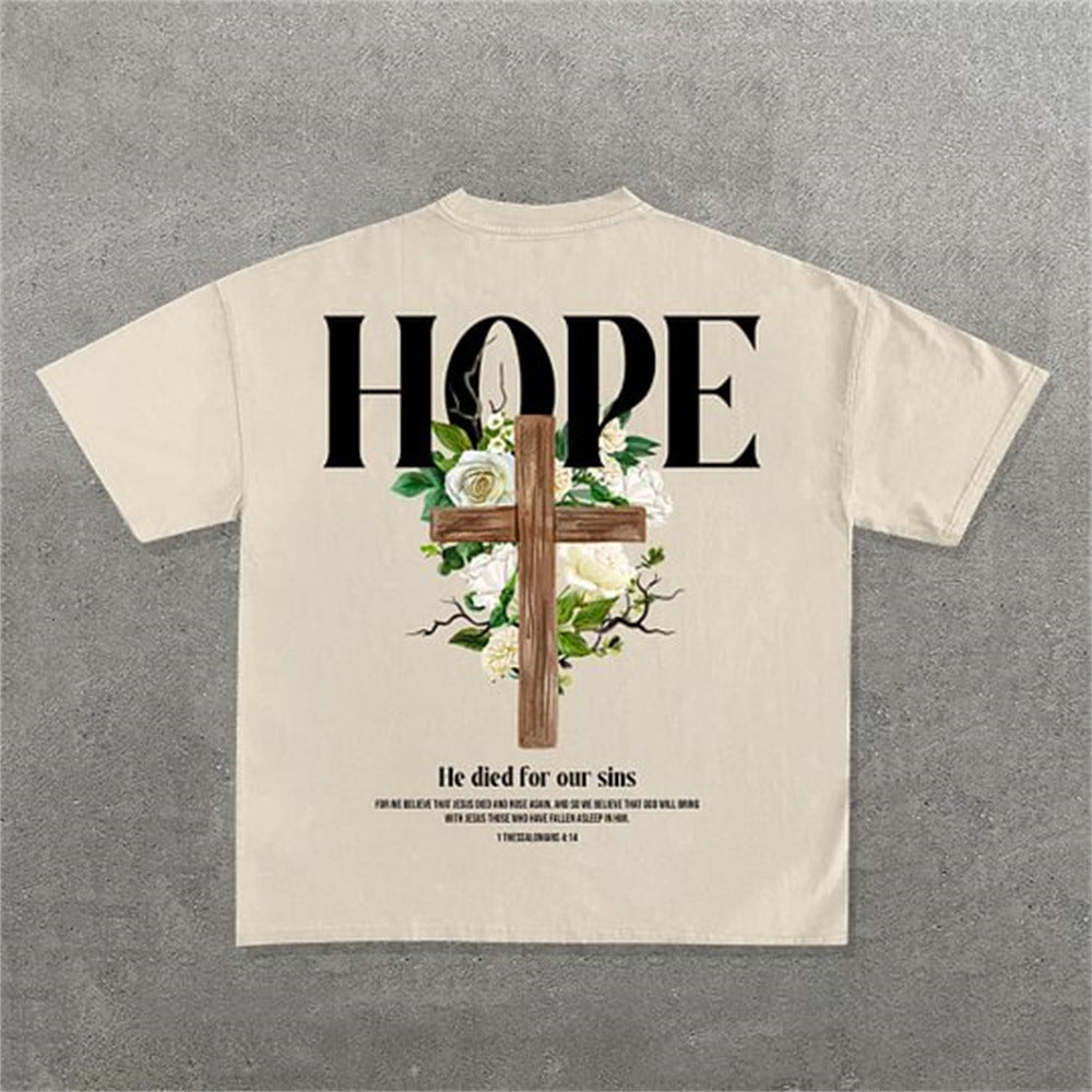 Oversized eprolo fashion T-shirt with letter pattern, casual fit, made from soft fabric, displayed on a white background.