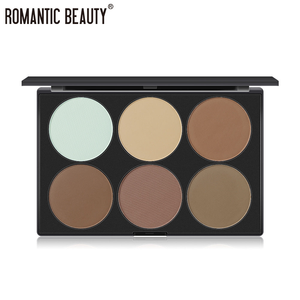 Black palette featuring six round pans of contour powder in various shades, including mint, beige, and browns.