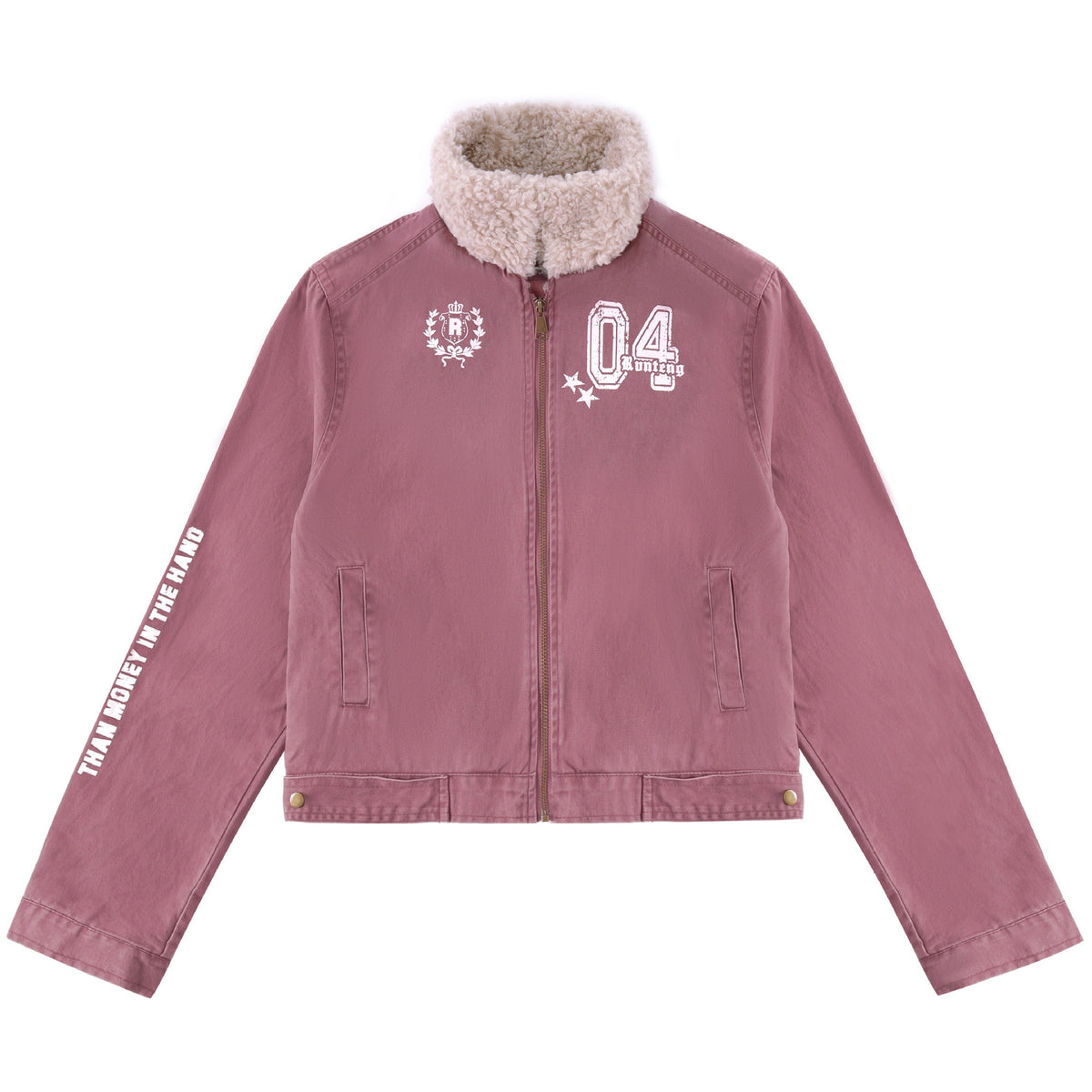A dusty pink zip-up moto jacket with a fluffy cream sherpa collar and white graphic prints.