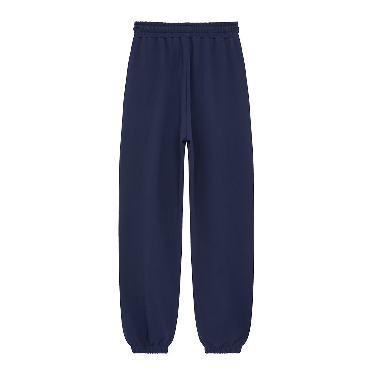Navy blue fleece sweatpants with an elastic waistband and cinched cuffs.