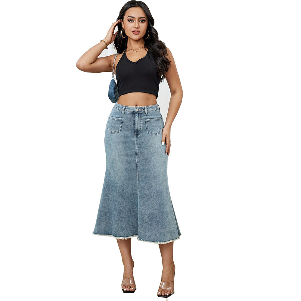 High-waisted street casual A-line denim skirt with frayed hem, floor-length style by eprolo.
