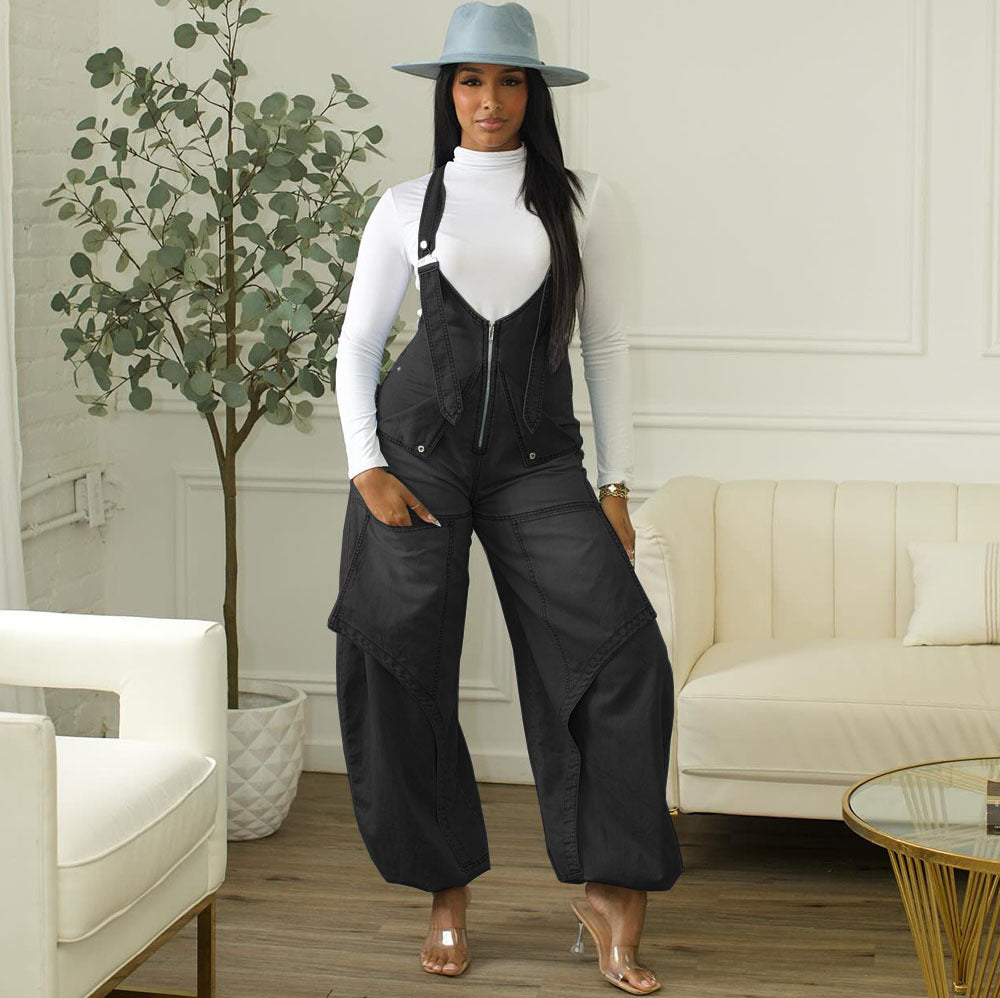 Women’s denim overalls by Plush Fashion Hub featuring casual street style, zipper front, wide-leg design, perfect for everyday wear.