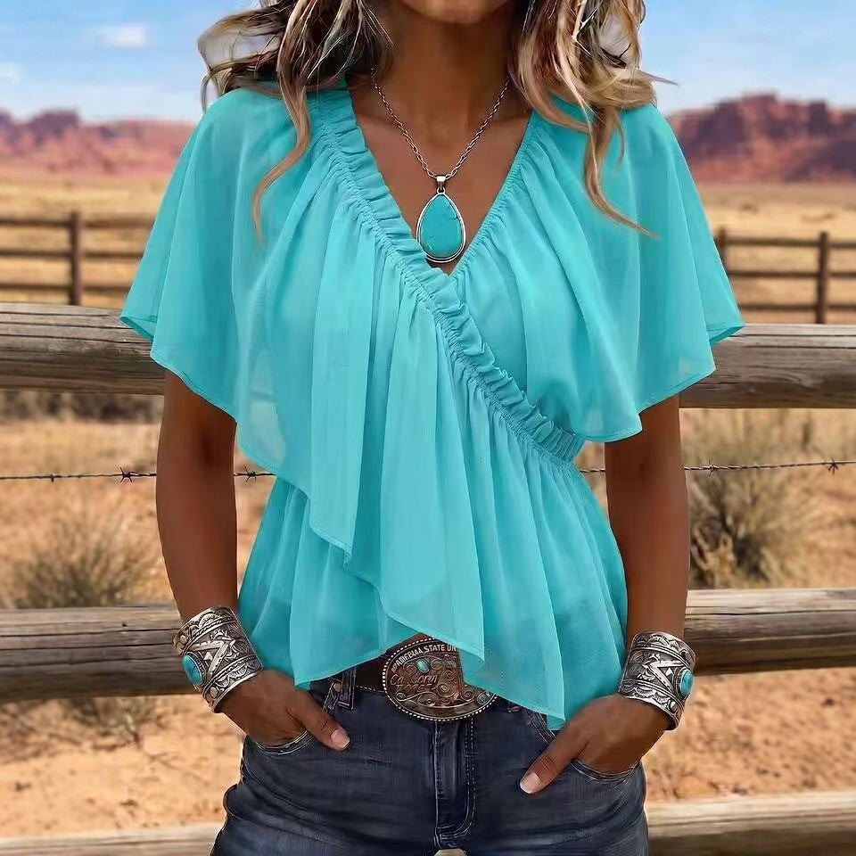 Eprolo chiffon top with V-neck, pleated ruffle sleeves, waist-cinching hem, and slim fit design.