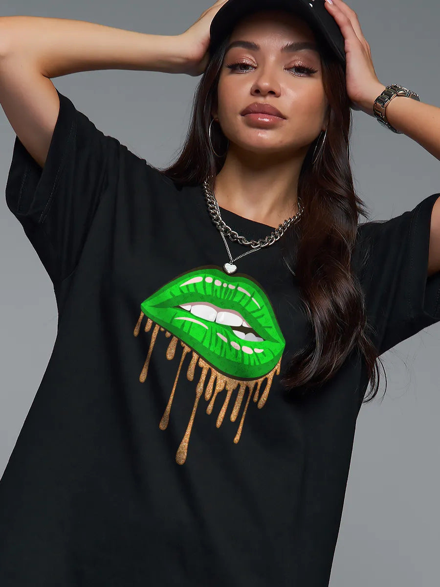 Eprolo women's Lips pattern round neck short sleeve loose T-shirt, casual top with bold lips print, comfortable fit for everyday wear