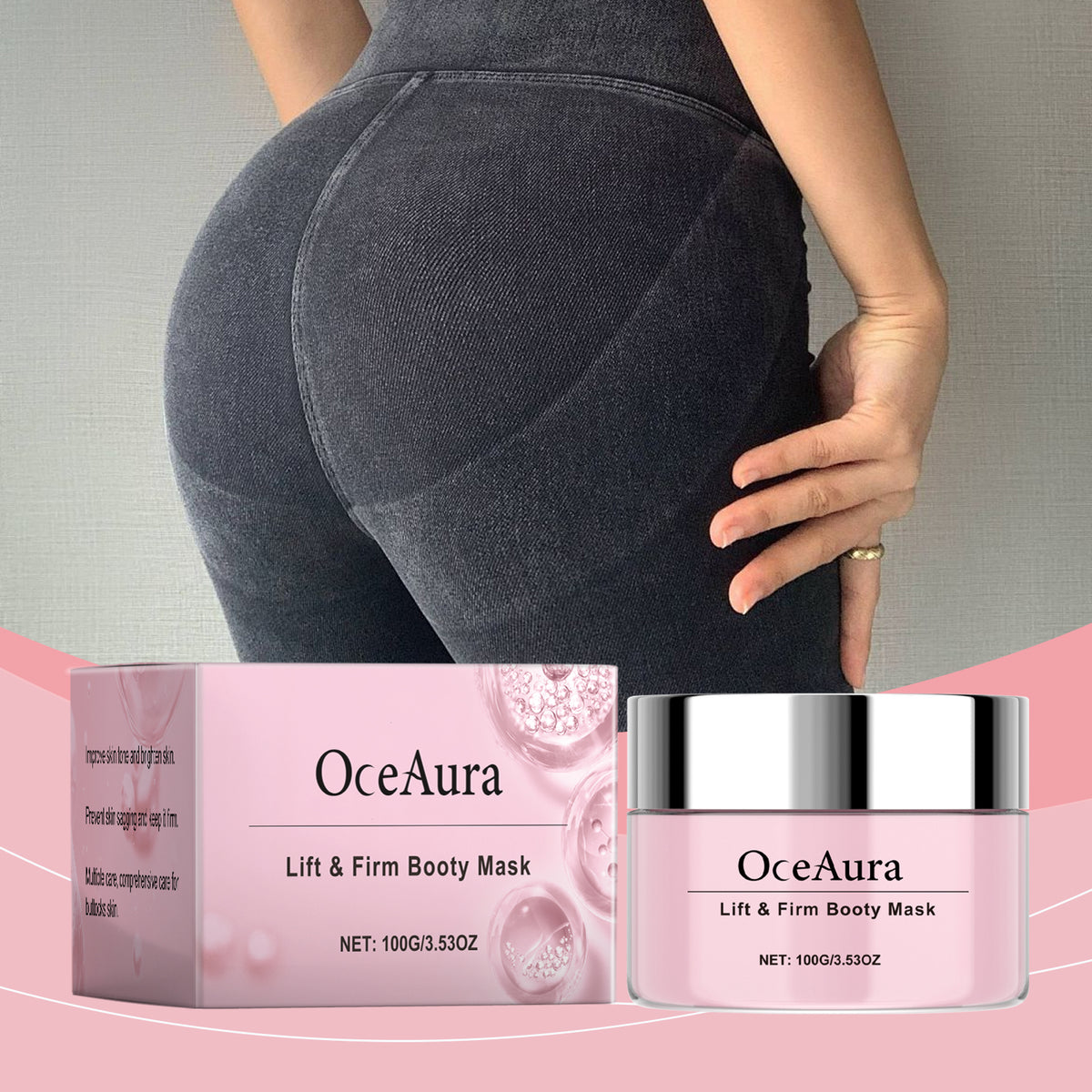 OceAura Lift and Firm Booty Mask in pink and white packaging, with a jar and box shown alongside a person in leggings.