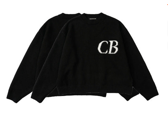 Unisex oversized knit crew neck sweater with CB letter design in beige, featuring a casual, cozy style from Plush Fashion Hub.