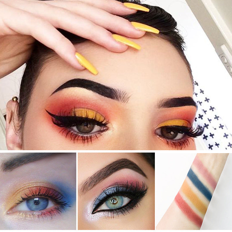 A compilation of women's faces, showcasing bold eyeshadow looks in red, yellow, blue, and pink, with winged eyeliner.