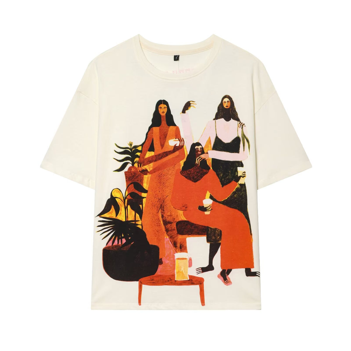 Eprolo loose casual printed T-shirt with colorful abstract design, relaxed fit, short sleeves, and round neckline.