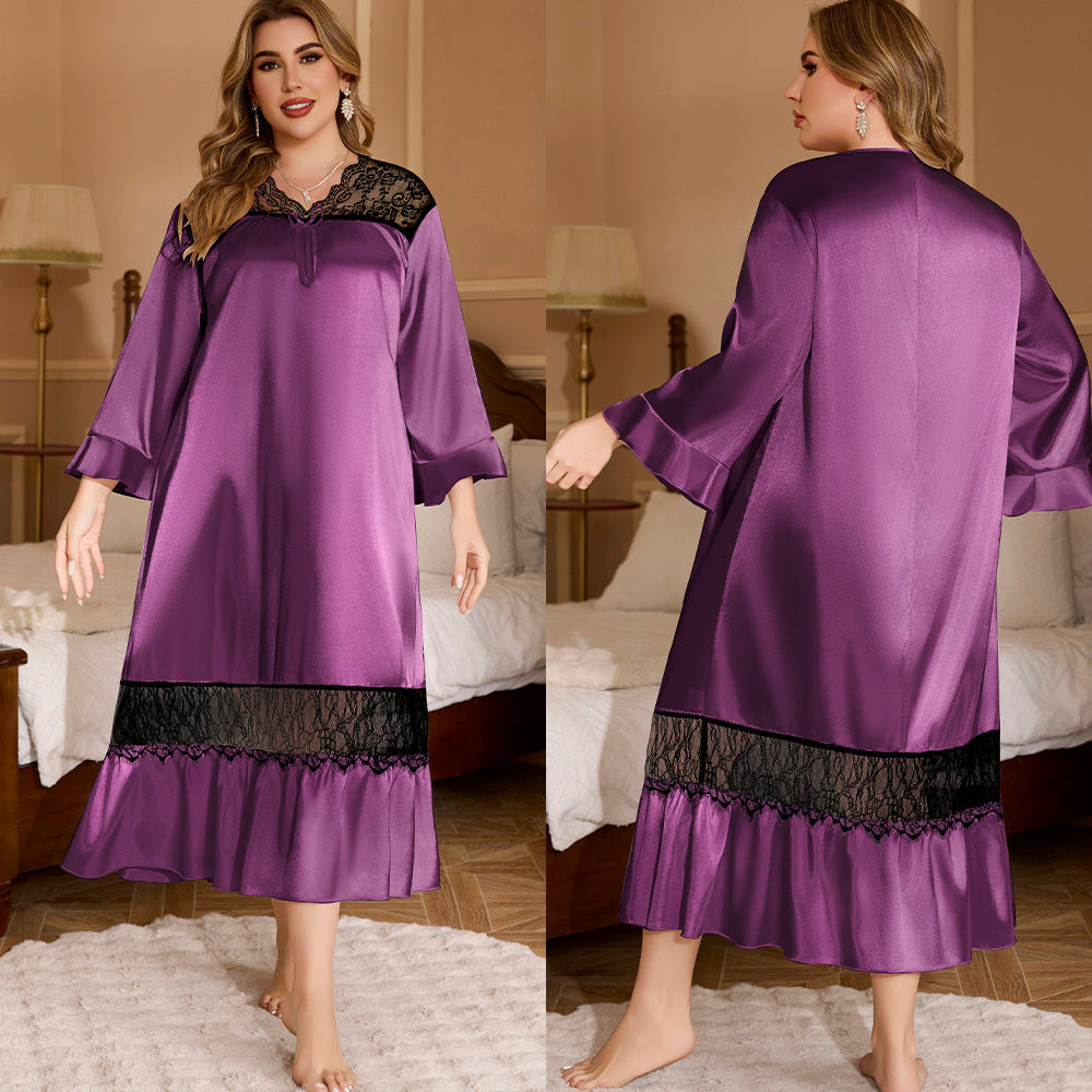 Purple satin nightgown with black lace trim, long sleeves, v-neck, and a ruffled hem.