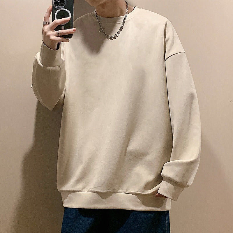 Beige plain cotton crewneck sweatshirt with long drop-shoulder sleeves and ribbed cuffs.