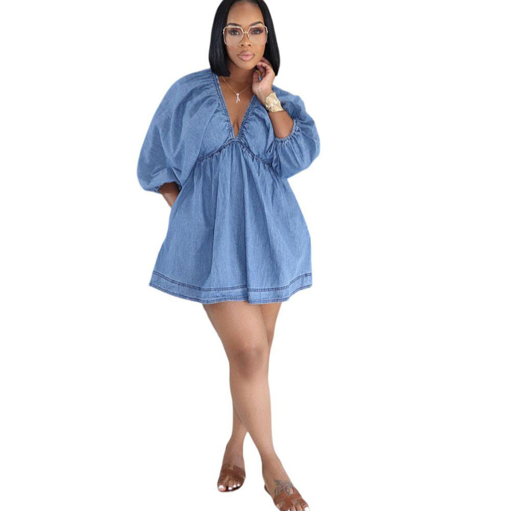 Deep V-neck denim mini dress with bubble sleeves for women by eprolo, featuring a stylish and trendy fashion design.