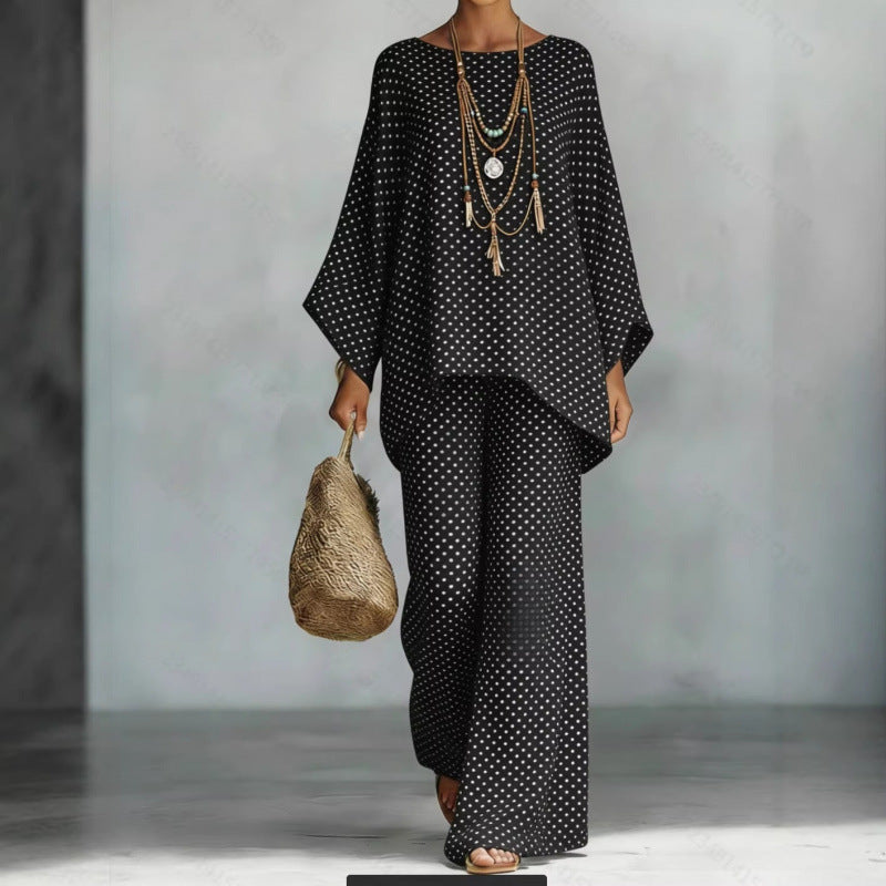 Women's loose bat sleeve top and wide-leg pants set by Plush Fashion Hub, stylish outfit with relaxed fit and comfortable design.