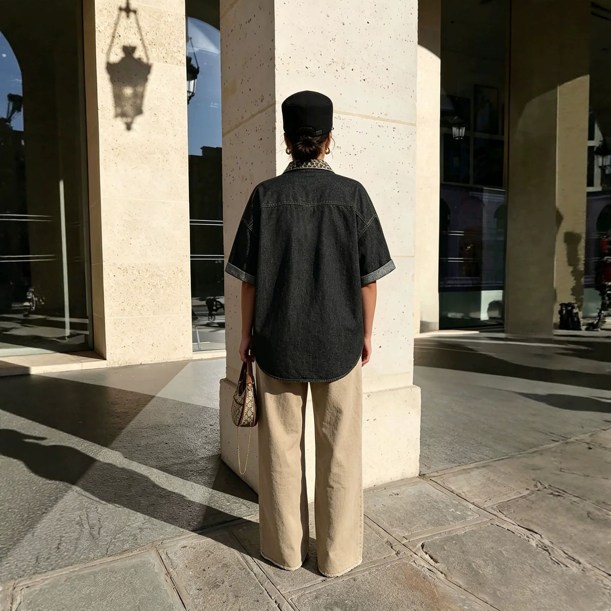 Leopard print patchwork washed denim shirt with half sleeves from eprolo, featuring a casual, stylish design with mixed denim patches.