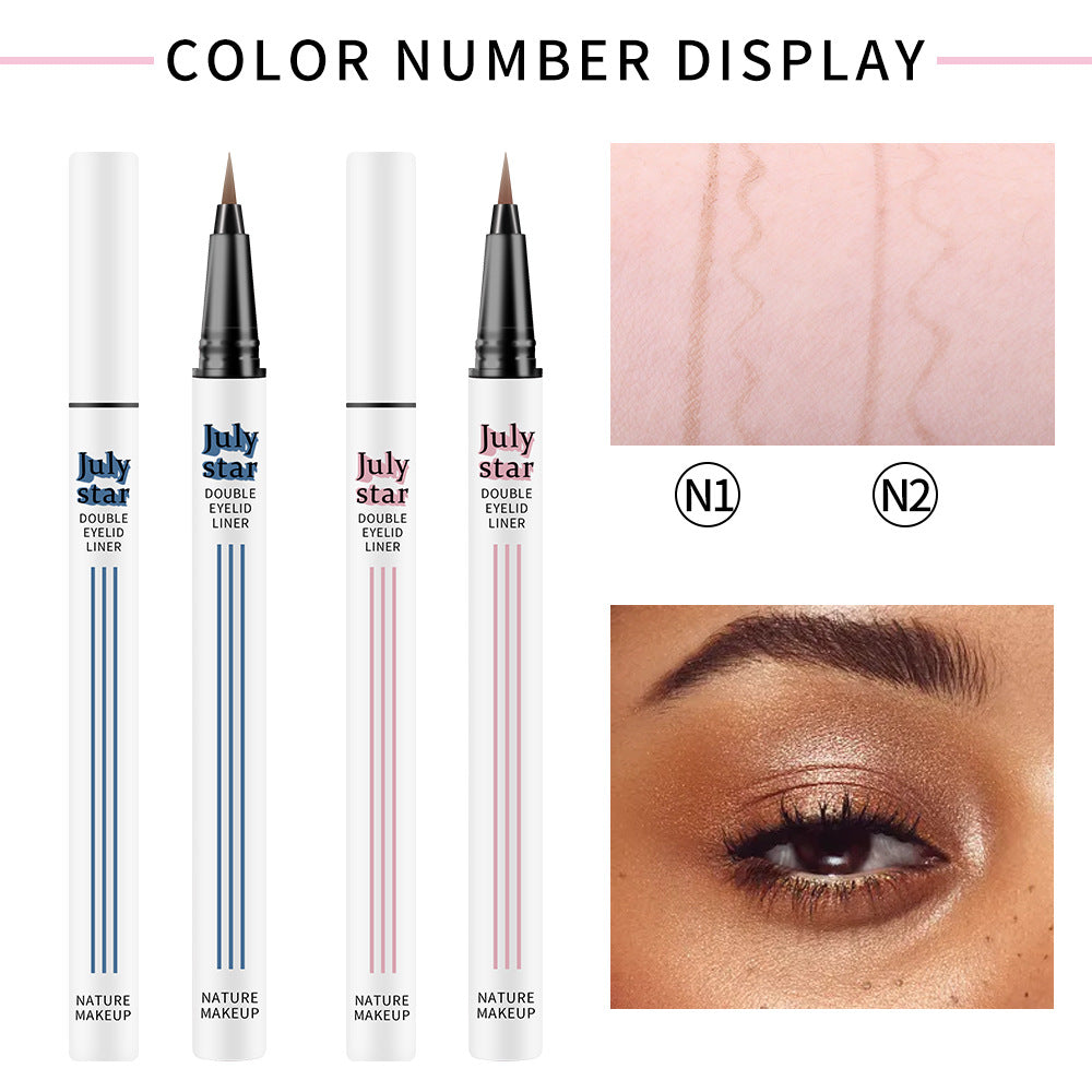 Two white plastic double eyelid pen eyeliners with blue and pink details, and swatches.