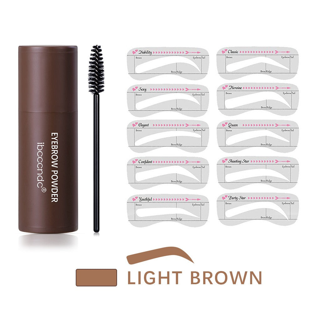 Brown eyebrow powder container, spoolie brush, and ten clear stencils labeled Light Brown.
