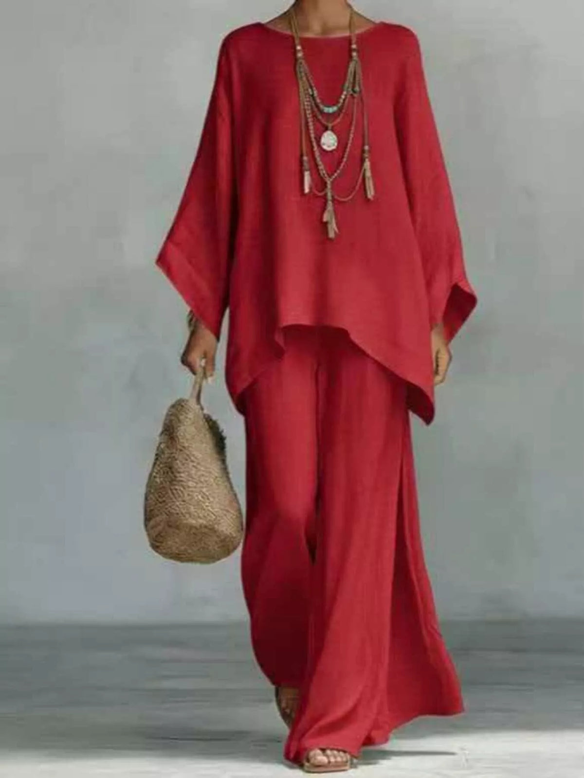 Plus size round neck top and wide leg pants set by Plush Fashion Hub, featuring a comfortable, stylish matching pant set.