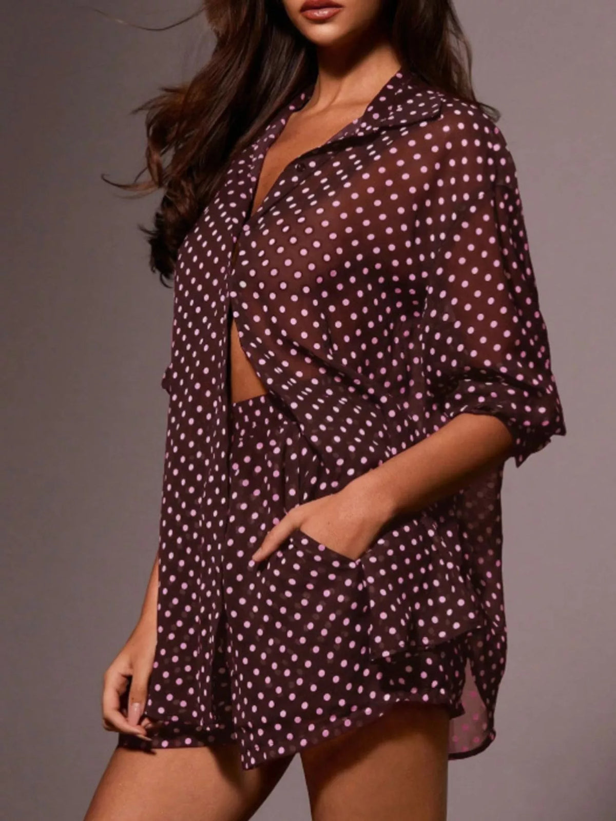 Plush Fashion Hub polka dot loungewear set with button-up shirt and matching shorts, casual and comfortable sleepwear or lounge outfit.