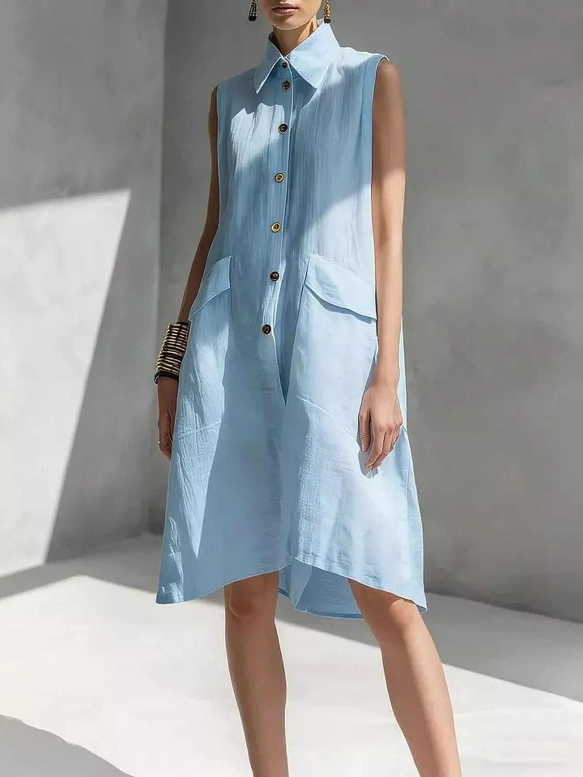 Plus size sleeveless button front dress by Plush Fashion Hub, showcasing a full-length, stylish dress with a fitted waist and sleeveless design.