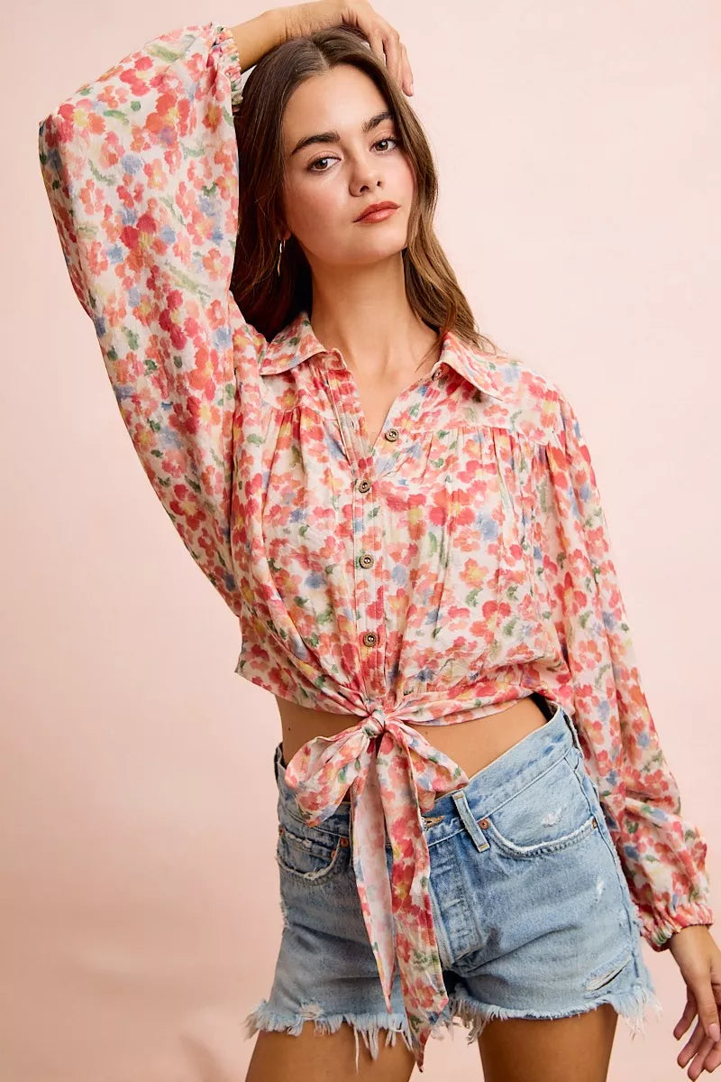 Plush Fashion Hub BiBi floral print tie hem crop shirt, women's short-sleeve top with vibrant floral pattern and stylish tie detail.